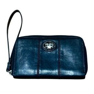 Y2K Coach Horse & Carriage Black Saffiano Leather Medium Wristlet Zip Wallet